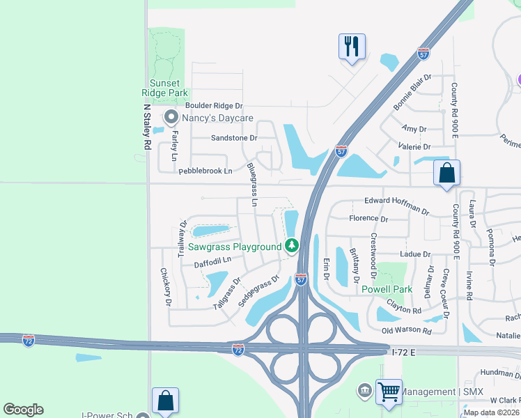 map of restaurants, bars, coffee shops, grocery stores, and more near 846 Sedgegrass Drive in Champaign