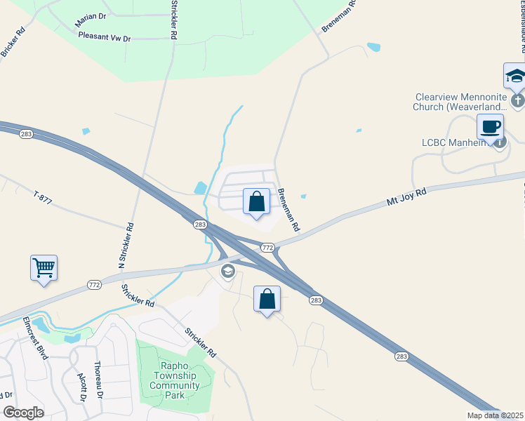 map of restaurants, bars, coffee shops, grocery stores, and more near 99 Ridgewood Manor in Manheim