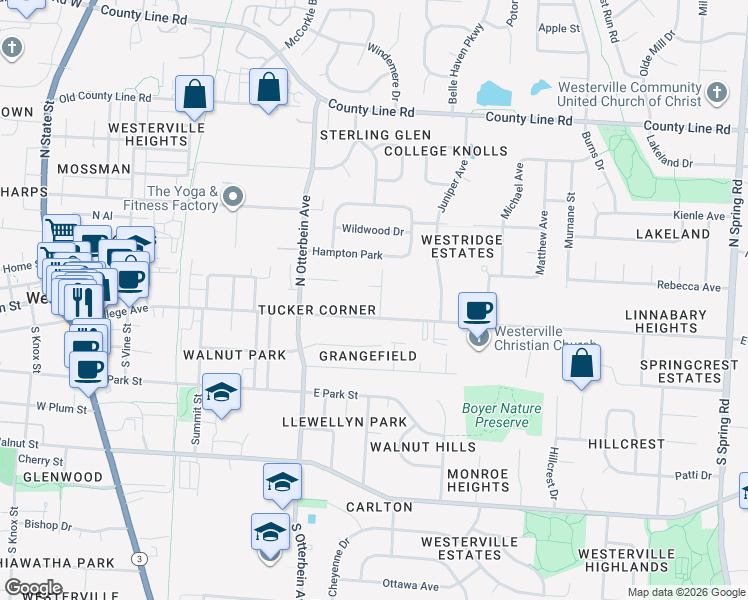 map of restaurants, bars, coffee shops, grocery stores, and more near 21 Pleasant Avenue in Westerville