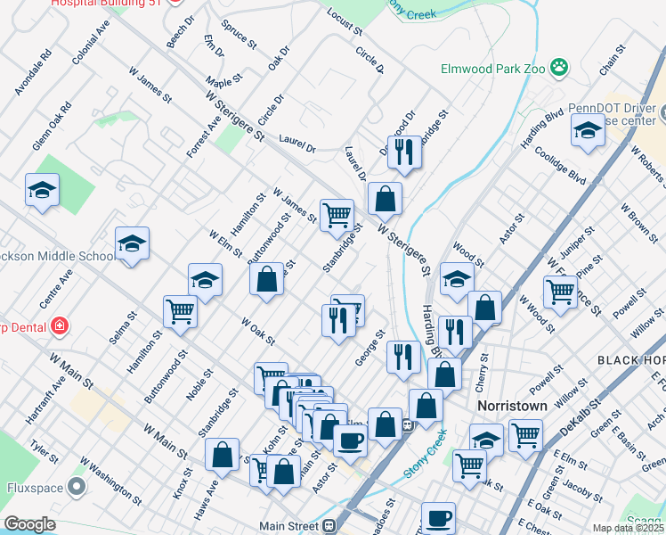map of restaurants, bars, coffee shops, grocery stores, and more near 906 Stanbridge Street in Norristown