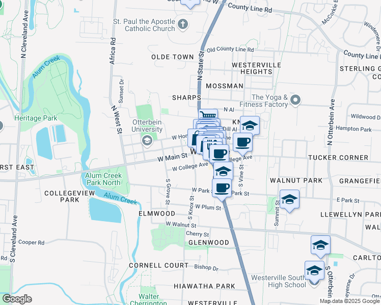 map of restaurants, bars, coffee shops, grocery stores, and more near 5 North Knox Street in Westerville