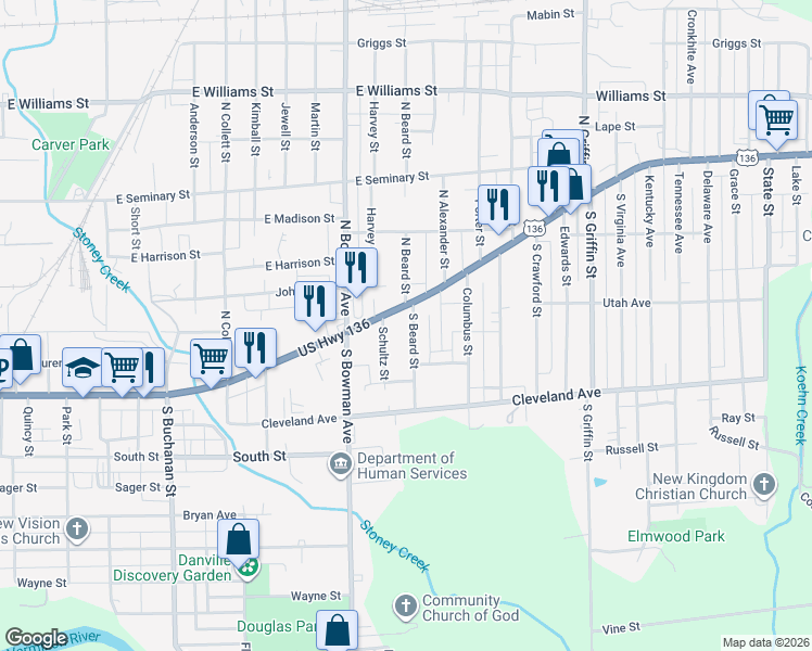 map of restaurants, bars, coffee shops, grocery stores, and more near 1-31 S Beard St in Danville