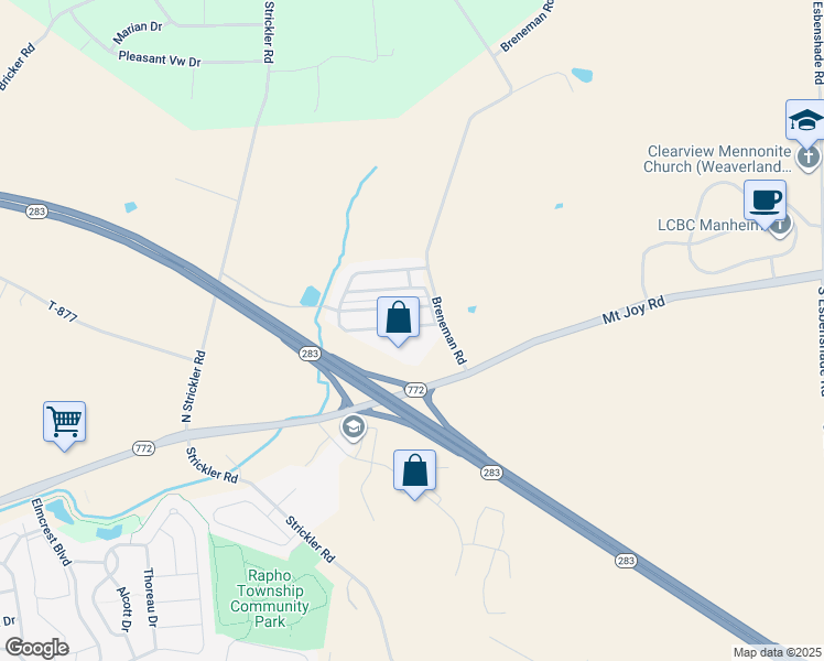 map of restaurants, bars, coffee shops, grocery stores, and more near 99 Ridgewood Manor in Manheim