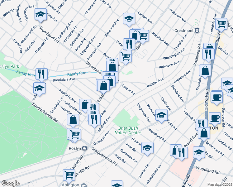 map of restaurants, bars, coffee shops, grocery stores, and more near 1331 East Avenue in Abington