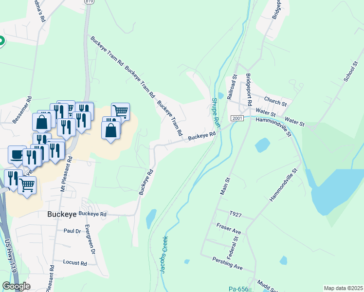 map of restaurants, bars, coffee shops, grocery stores, and more near 266 Buckeye Road in Mount Pleasant