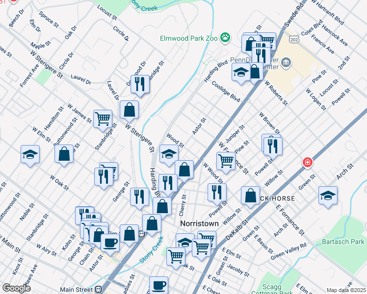 map of restaurants, bars, coffee shops, grocery stores, and more near 410 West Wood Street in Norristown