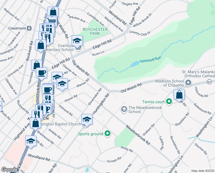 map of restaurants, bars, coffee shops, grocery stores, and more near 1797 Old Welsh Road in Abington