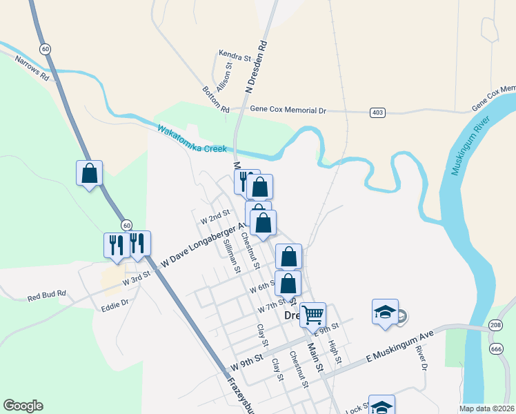 map of restaurants, bars, coffee shops, grocery stores, and more near 209 Main Street in Dresden