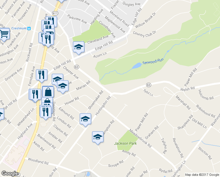 map of restaurants, bars, coffee shops, grocery stores, and more near 1797 Old Welsh Road in Abington