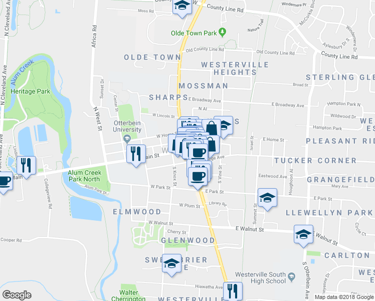 map of restaurants, bars, coffee shops, grocery stores, and more near 5 West Main Street in Westerville