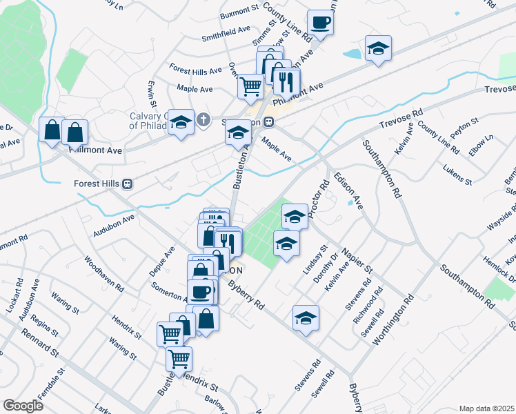 map of restaurants, bars, coffee shops, grocery stores, and more near 13250 Trevose Road in Philadelphia