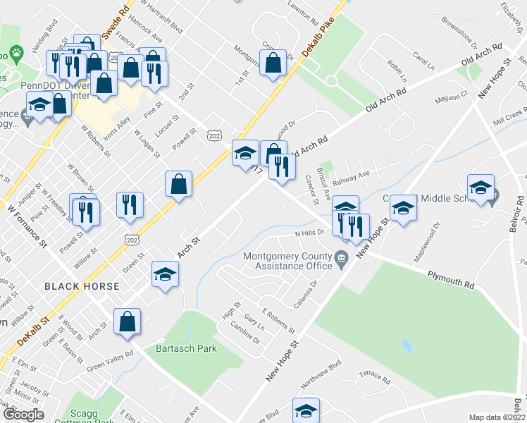 map of restaurants, bars, coffee shops, grocery stores, and more near 3 Zummo Way in Norristown