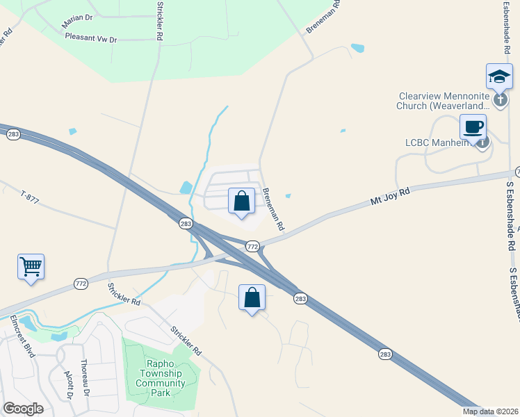 map of restaurants, bars, coffee shops, grocery stores, and more near 129 Ridgewood Manor in Manheim