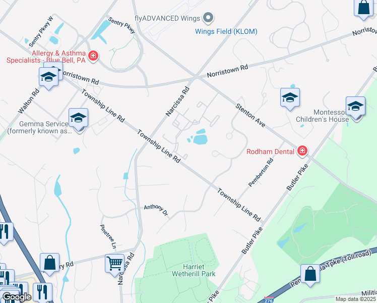 map of restaurants, bars, coffee shops, grocery stores, and more near 27 Barclay Court in Blue Bell
