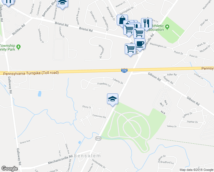 map of restaurants, bars, coffee shops, grocery stores, and more near 30 Freedom Lane in Bensalem