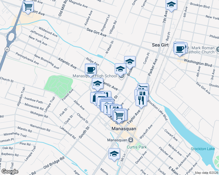 map of restaurants, bars, coffee shops, grocery stores, and more near 31 Atlantic Avenue in Manasquan