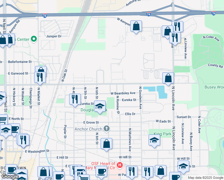 map of restaurants, bars, coffee shops, grocery stores, and more near 1504 Carver Drive in Urbana