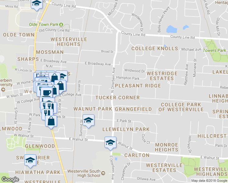 map of restaurants, bars, coffee shops, grocery stores, and more near 16 North Otterbein Avenue in Westerville