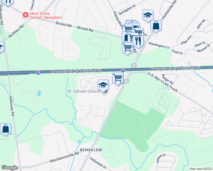 map of restaurants, bars, coffee shops, grocery stores, and more near 30 Freedom Lane in Bensalem