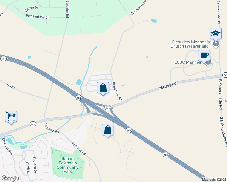 map of restaurants, bars, coffee shops, grocery stores, and more near 129 Ridgewood Manor in Manheim