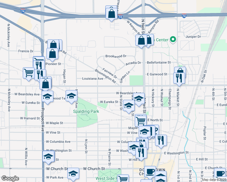 map of restaurants, bars, coffee shops, grocery stores, and more near 310 W Beardsley Ave in Champaign