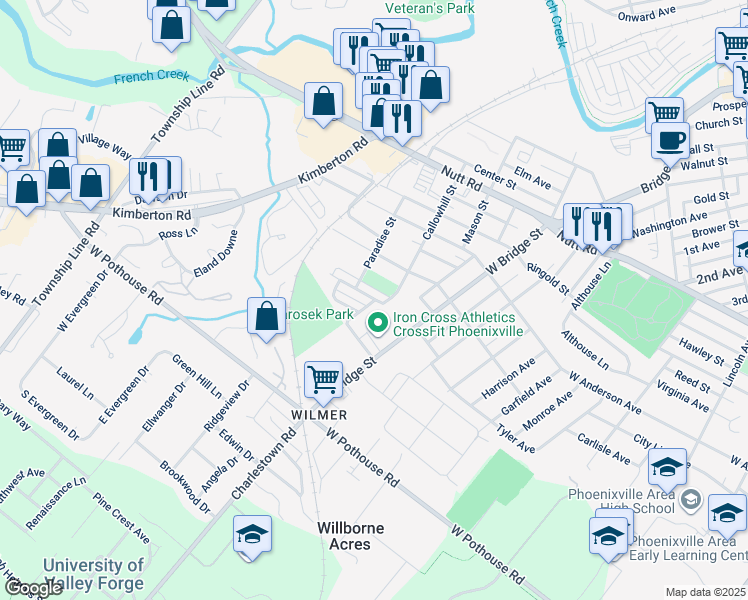 map of restaurants, bars, coffee shops, grocery stores, and more near 1140 Callowhill Street in Phoenixville