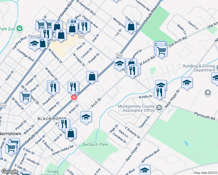 map of restaurants, bars, coffee shops, grocery stores, and more near 1801 Arch Street in Norristown