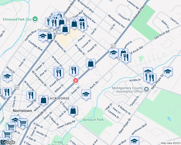 map of restaurants, bars, coffee shops, grocery stores, and more near 1724 DeKalb Street in Norristown