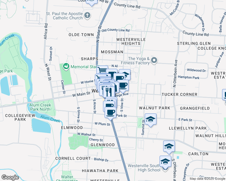 map of restaurants, bars, coffee shops, grocery stores, and more near 31 E Main St in Westerville