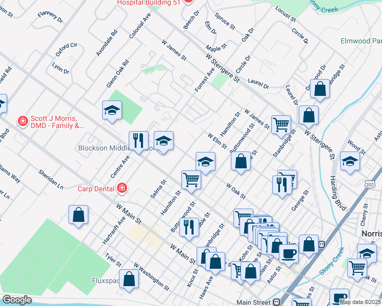 map of restaurants, bars, coffee shops, grocery stores, and more near 1231 West Oak Street in Norristown