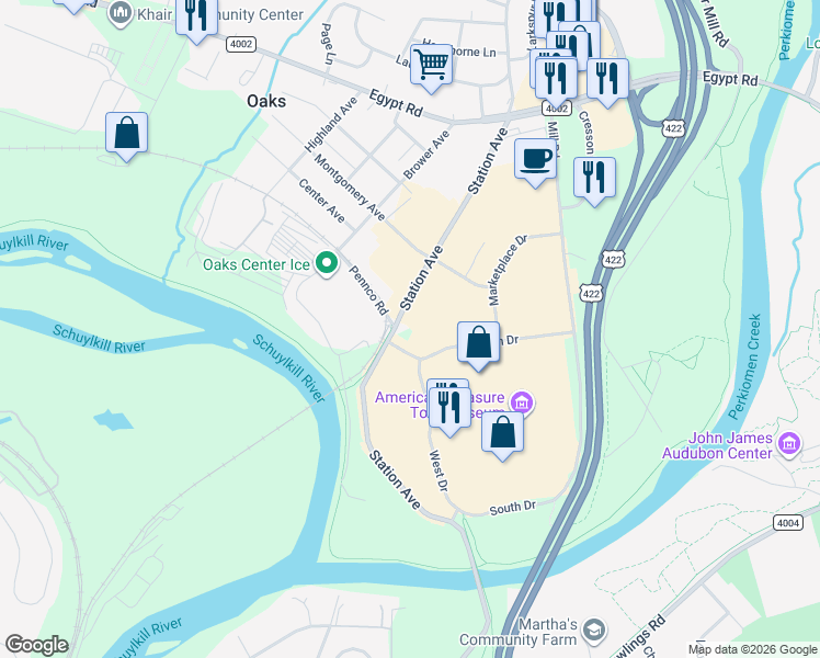 map of restaurants, bars, coffee shops, grocery stores, and more near 102 Montgomery Avenue in Phoenixville
