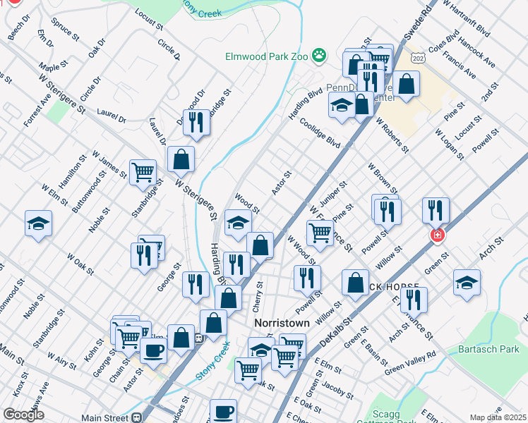 map of restaurants, bars, coffee shops, grocery stores, and more near 1302 Astor Street in Norristown