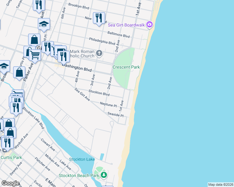 map of restaurants, bars, coffee shops, grocery stores, and more near 109 Stockton Boulevard in Sea Girt