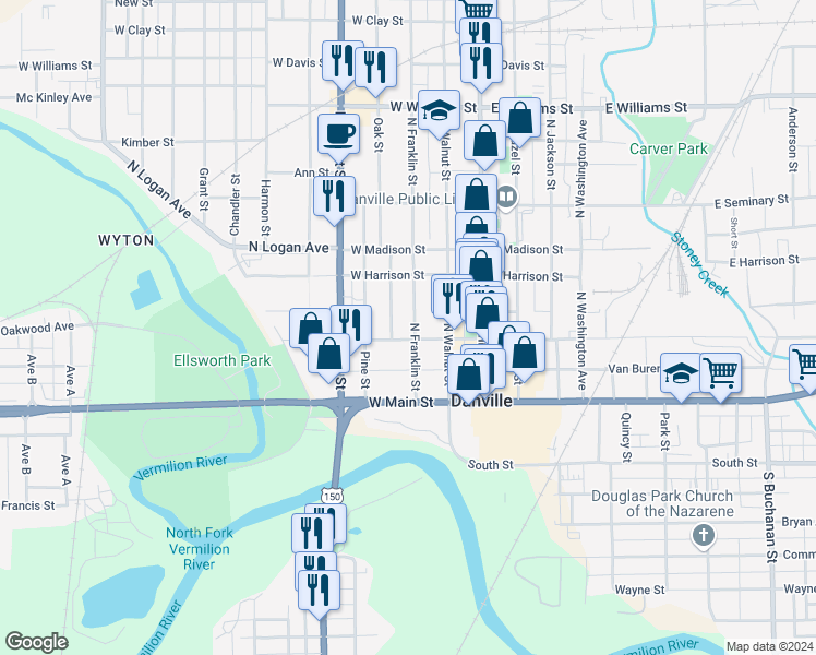 map of restaurants, bars, coffee shops, grocery stores, and more near 100 North Franklin Street in Danville