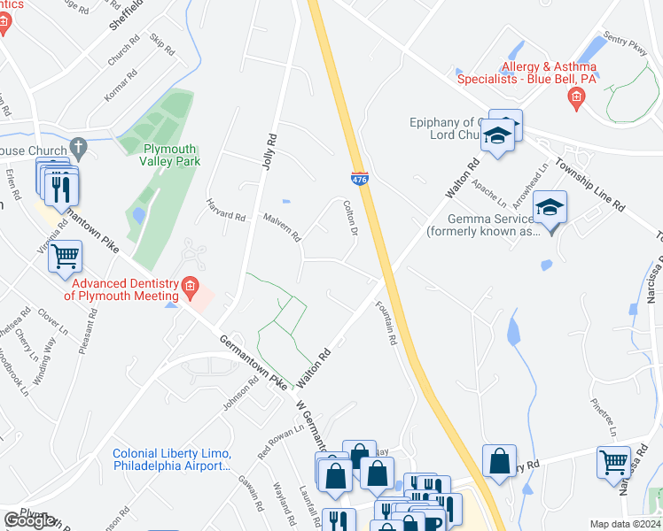 map of restaurants, bars, coffee shops, grocery stores, and more near 10 Allandale Road in Plymouth Meeting
