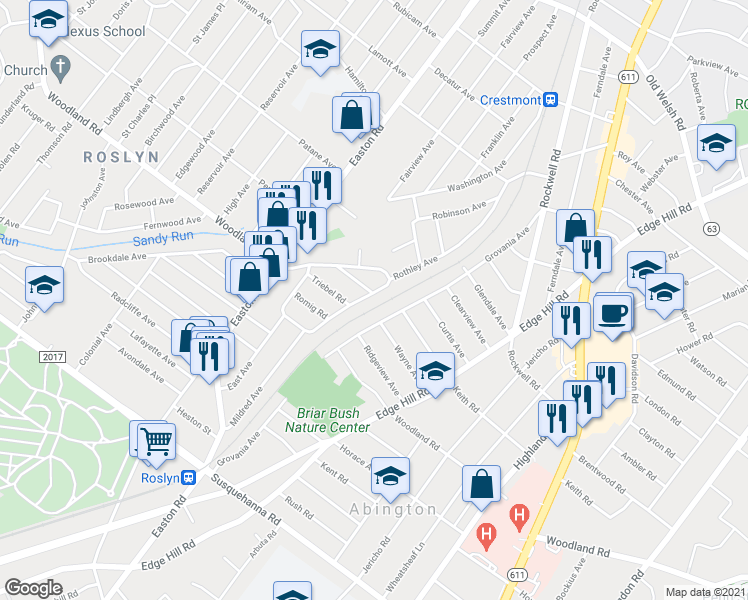 map of restaurants, bars, coffee shops, grocery stores, and more near 1377 Rothley Avenue in Abington