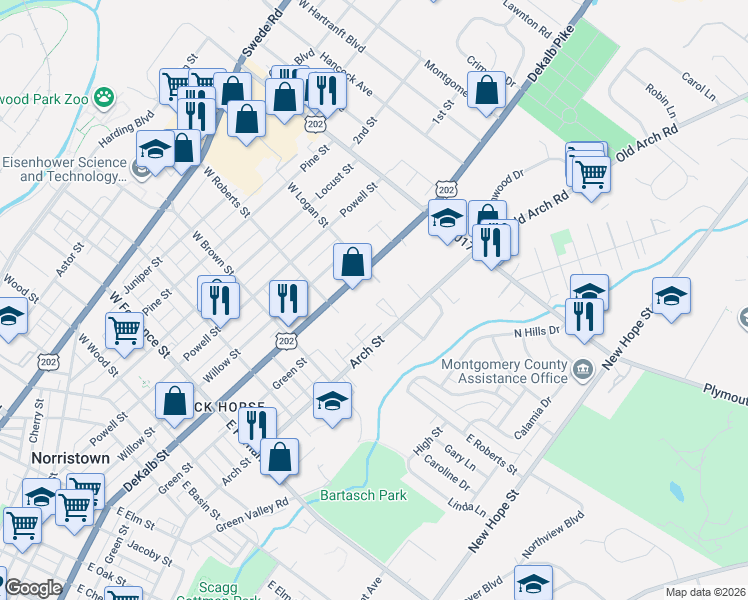 map of restaurants, bars, coffee shops, grocery stores, and more near 222 Roberts Circle in Norristown