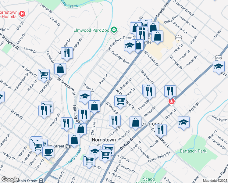 map of restaurants, bars, coffee shops, grocery stores, and more near 1342 Markley Street in Norristown