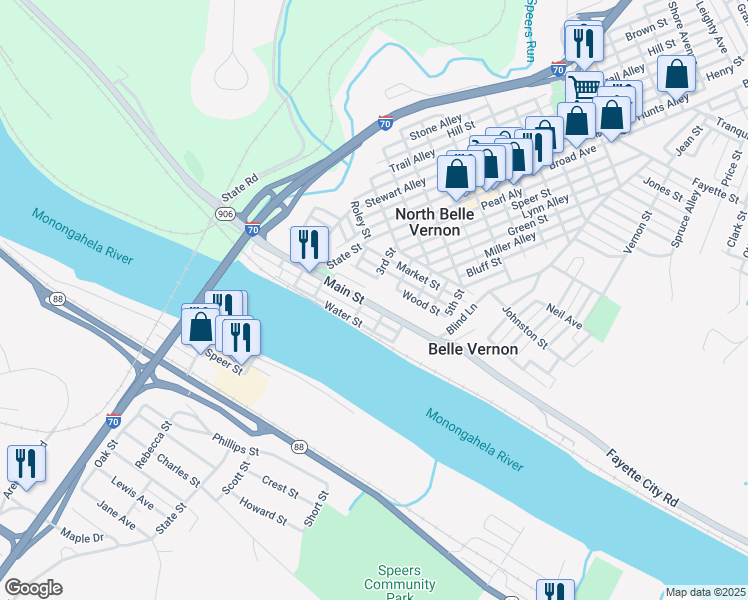 map of restaurants, bars, coffee shops, grocery stores, and more near 319 Main Street in Belle Vernon