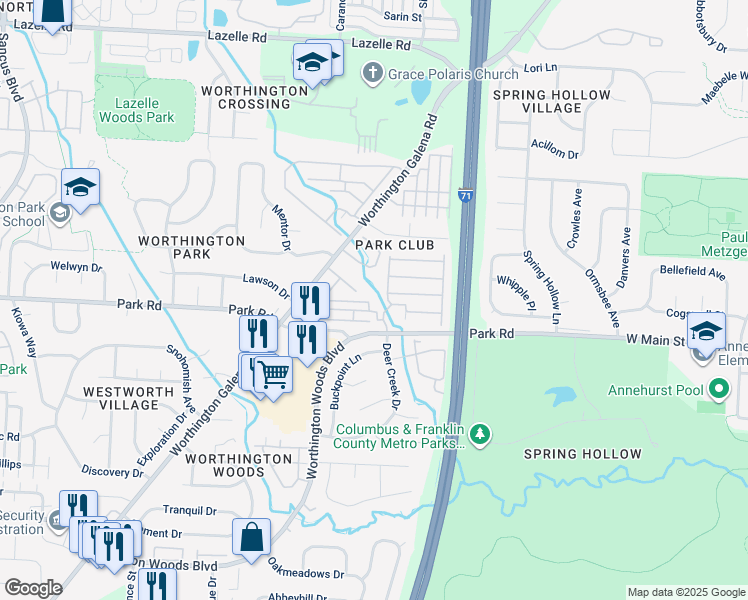 map of restaurants, bars, coffee shops, grocery stores, and more near 7800 Deercreek Drive in Westerville