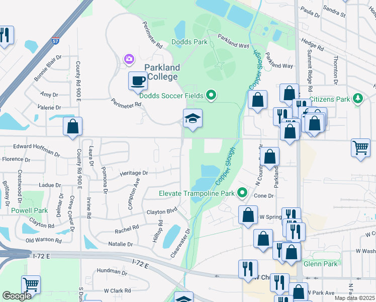 map of restaurants, bars, coffee shops, grocery stores, and more near 2459 Clayton Boulevard in Champaign
