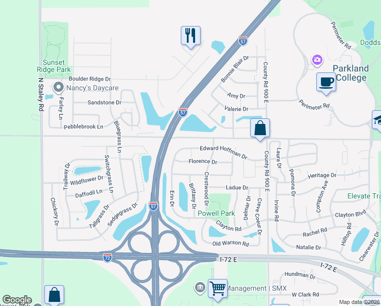 map of restaurants, bars, coffee shops, grocery stores, and more near 3312 Florence Drive in Champaign