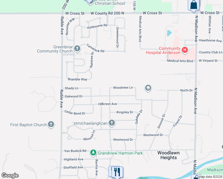 map of restaurants, bars, coffee shops, grocery stores, and more near 1915 Woodview Lane in Anderson