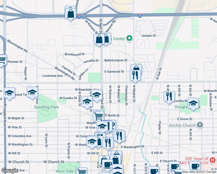 map of restaurants, bars, coffee shops, grocery stores, and more near 1107 North Hickory Street in Champaign