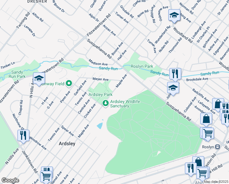 map of restaurants, bars, coffee shops, grocery stores, and more near 1045 Maple Avenue in Glenside