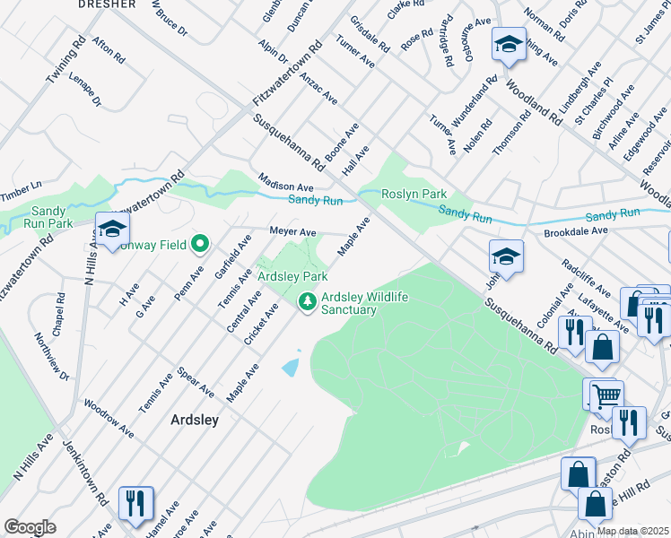 map of restaurants, bars, coffee shops, grocery stores, and more near 1045 Maple Avenue in Glenside
