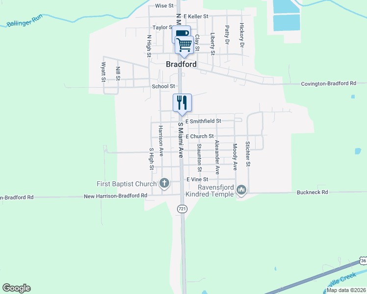 map of restaurants, bars, coffee shops, grocery stores, and more near 110 East James Street in Bradford