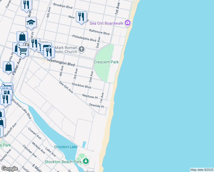 map of restaurants, bars, coffee shops, grocery stores, and more near 806 1st Avenue in Sea Girt