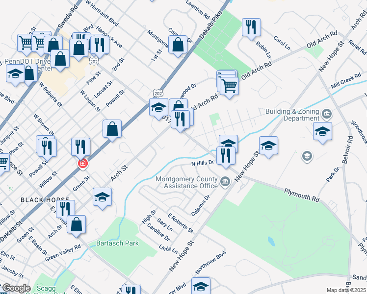 map of restaurants, bars, coffee shops, grocery stores, and more near 37 Zummo Way in Norristown