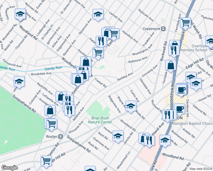 map of restaurants, bars, coffee shops, grocery stores, and more near 2302 Triebel Road in Abington